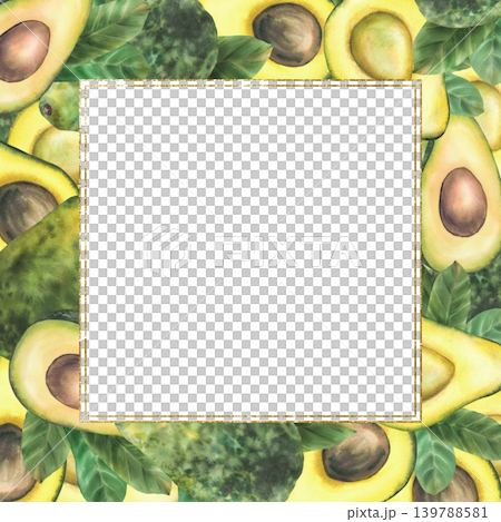 Whole and sliced avocado fruit with green leaves and golden square border. Hand painted watercolor frame isolated from background illustration for packaging, branding, food menu and label design. 139788581