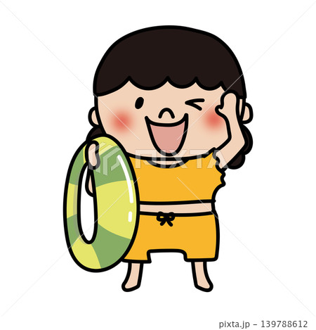 水着で浮き輪を持っているふわふわの天パの子供（女の子） 139788612