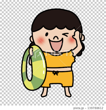 水着で浮き輪を持っているふわふわの天パの子供（女の子） 139788612