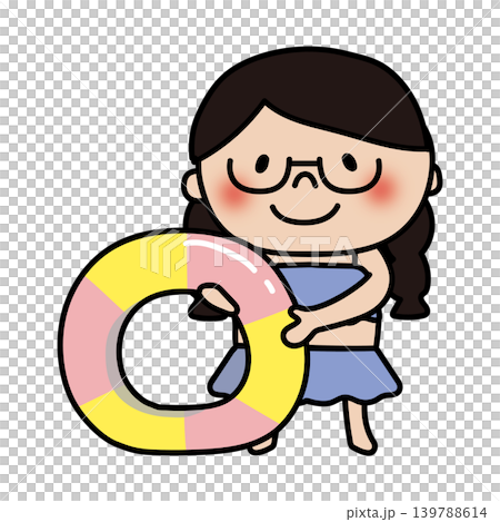水着で浮き輪を持っている眼鏡を掛けた三つ編みの子供(女の子) 水着で浮き輪を持っている眼鏡を掛けた三つ編みの子供(女の子) 139788614