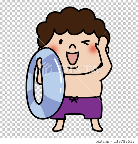A chubby, curly-haired boy in a swimsuit holding a lifebuoy. 139788615