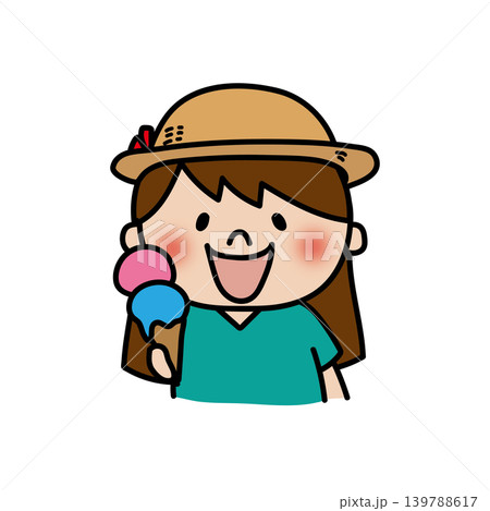 麦わら帽子をかぶってアイスクリームを食べる元気で明るい子供(女の子) 麦わら帽子をかぶってアイスクリームを食べる元気で明るい子供(女の子) 139788617