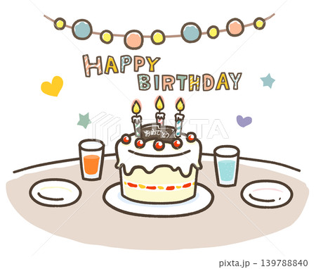 誕生日会　飾り付けされた会場にケーキとジュース 139788840