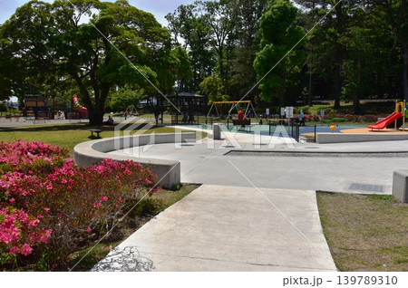 神奈川県綾瀬市　光綾公園南側園地の満開サツキと遊具と新緑 139789310