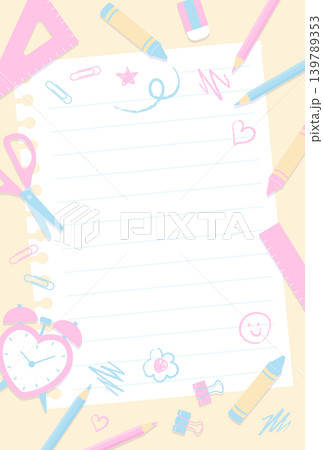 新学期 バックトゥスクール パステルカラーのかわいい文房具背景イラスト 139789353