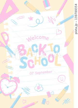 新学期 バックトゥスクール パステルカラーのかわいい文房具背景イラスト 139789354