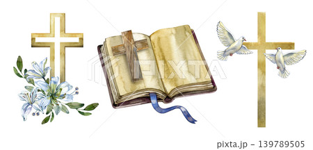 Hand drawn watercolor elements set of Christian religious symbols. Features a gold cross decorated with white lilies, an open old bible with a small wooden cross, and two flying white doves flanking a Hand drawn watercolor elements set of Christian religious symbols. Features a gold cross decorated with white lilies, an open old bible with a small wooden cross, and two flying white doves flanking a 139789505