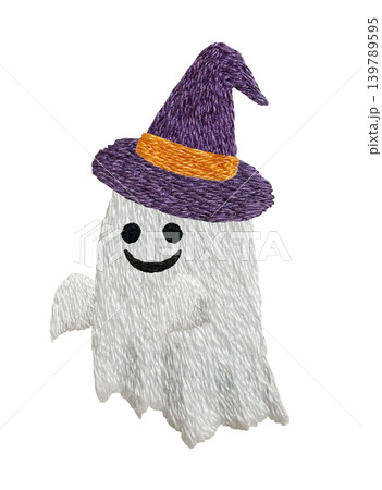 【ハロウィンの帽子をかぶったオバケ】手刺繍イラスト素材 139789595