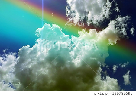 Rainbow and Clouds in Bright Blue Sky. A vivid rainbow with distinct color bands across a deep blue sky and fluffy clouds, perfect for nature, weather, and atmospheric design projects. Rainbow and Clouds in Bright Blue Sky. A vivid rainbow with distinct color bands across a deep blue sky and fluffy clouds, perfect for nature, weather, and atmospheric design projects. 139789596