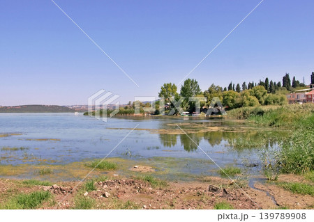 Golyazi Lakeside Village Bursa,Turkiye. Serene view of Golyazi on Uluabat Lake, Bursa, Turkey.  139789908