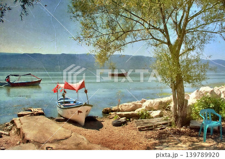 Golyazi Lakeside Village Bursa,Turkiye. Serene view of Golyazi on Uluabat Lake, Bursa, Turkey.  139789920