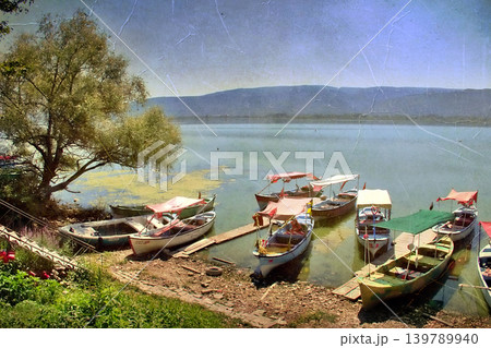 Golyazi Lakeside Village Bursa,Turkiye. Serene view of Golyazi on Uluabat Lake, Bursa, Turkey.  139789940