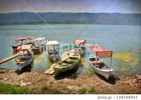 Golyazi Lakeside Village Bursa,Turkiye. Serene view of Golyazi on Uluabat Lake, Bursa, Turkey.  139789943