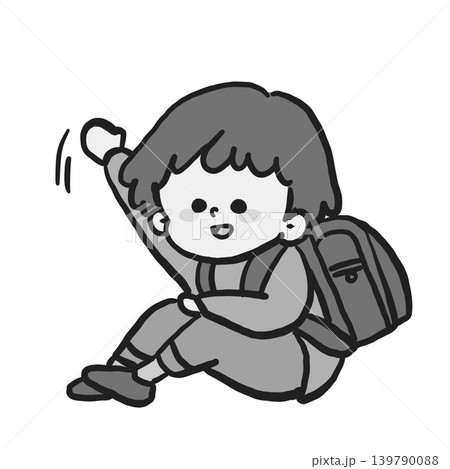 ランドセルを背負って元気に手を振る子どものモノクロイラスト ランドセルを背負って元気に手を振る子どものモノクロイラスト 139790088