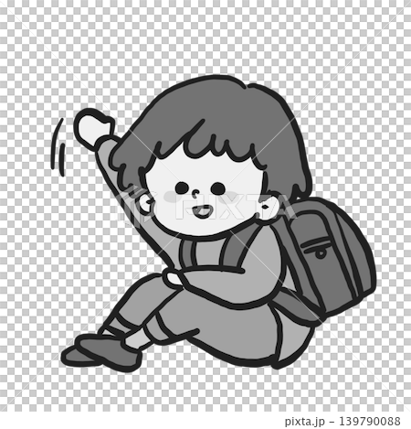 ランドセルを背負って元気に手を振る子どものモノクロイラスト ランドセルを背負って元気に手を振る子どものモノクロイラスト 139790088