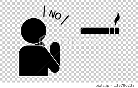 A monochrome pictogram illustration of someone saying "NO" to cigarettes, signifying a refusal to smoke and rejection of secondhand smoke. A monochrome pictogram illustration of someone saying "NO" to cigarettes, signifying a refusal to smoke and rejection of secondhand smoke. 139790238