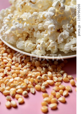 塩バター味のポップコーンとポップコーンの種 塩バター味のポップコーンとポップコーンの種 139790266