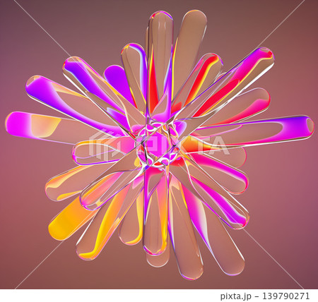 Fractal glass flower with neon purple red yellow gradient texture. Abstract render floral pattern of geometric transparent rounded lines with fluorescent light glow waves, digital art. 3D illustration Fractal glass flower with neon purple red yellow gradient texture. Abstract render floral pattern of geometric transparent rounded lines with fluorescent light glow waves, digital art. 3D illustration 139790271