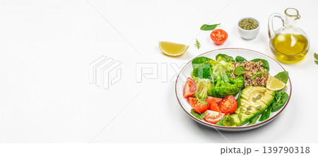 Healthy quinoa salad bowl with avocado broccoli and tomatoes on white background Healthy quinoa salad bowl with avocado broccoli and tomatoes on white background 139790318
