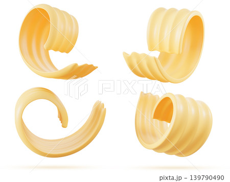 3D butter curls or rolls set isolated on white bg. Soft swirls of margarine or spread, slices of natural dairy product. Vegan vegetable fat with creamy texture for cooking food, ads. 3D illustration 139790490