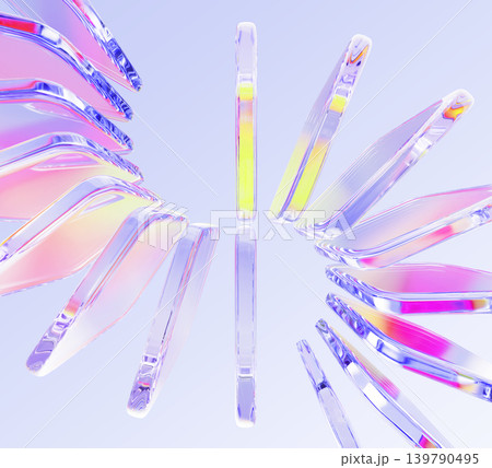 Abstract glass block 3D background. Crystal light holographic transparent square shapes. Geometric wave pattern with rainbow color gradient. Futuristic tech, modern screen wallpaper. 3D illustration 139790495