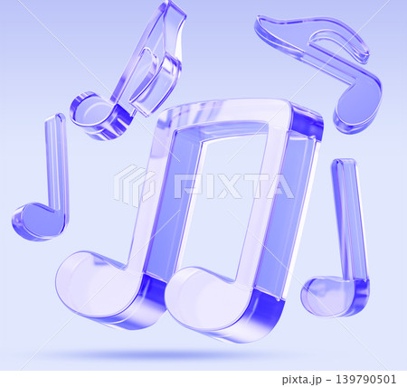 Holographic glass music notes on pastel purple 3D background. Crystal symbols of rhythm, sound and melody. Musical notation, song chords for symphonic concert, dance party or radio. 3D illustration Holographic glass music notes on pastel purple 3D background. Crystal symbols of rhythm, sound and melody. Musical notation, song chords for symphonic concert, dance party or radio. 3D illustration 139790501