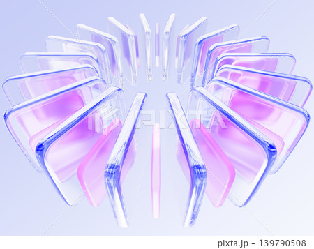Hologram glass circle array on light blue 3d background. Abstract geometric ring of transparent square plate shapes with rainbow pink purple gradient, render circular motion effect. 3D illustration 139790508