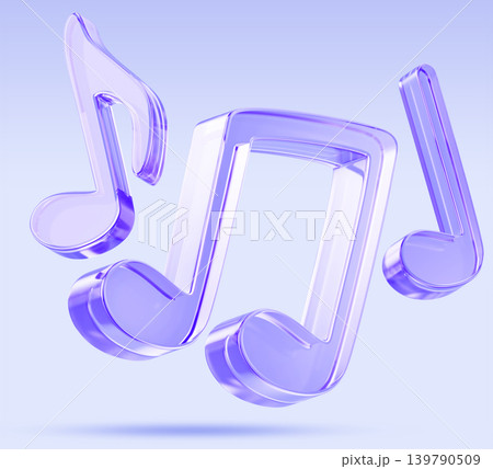 Hologram glass music notes on light purple 3d background. Eighth, quarter notes with notehead, stem, beam and flag. Musical notation, song chords, melody symbols, audio track icon. 3D illustration 139790509