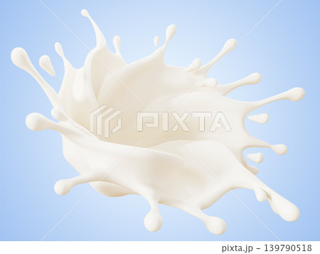Milk explosion on blue 3d background. White liquid splash with drops, swirl flow, dynamic circular wave effect. Realistic dairy product motion design for packaging and advertising. 3D illustration Milk explosion on blue 3d background. White liquid splash with drops, swirl flow, dynamic circular wave effect. Realistic dairy product motion design for packaging and advertising. 3D illustration 139790518