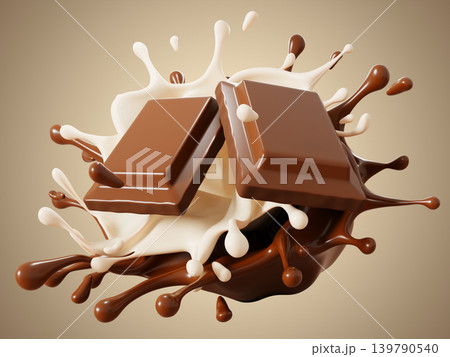 Chocolate bar pieces with milk splash, liquid swirl with drops on dark 3d background. Square choco candy broken chunks with circular splatter. Brown cocoa sweet dessert render icon. 3D illustration 139790540