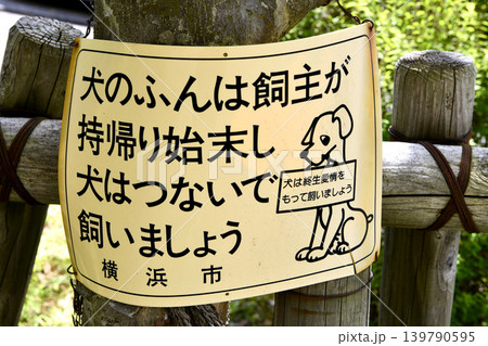 日本の横浜都市景観 ペットの散歩マナー…。犬のふんは飼い主が持ち帰り始末し犬はつないで飼いましょう 日本の横浜都市景観 ペットの散歩マナー…。犬のふんは飼い主が持ち帰り始末し犬はつないで飼いましょう 139790595