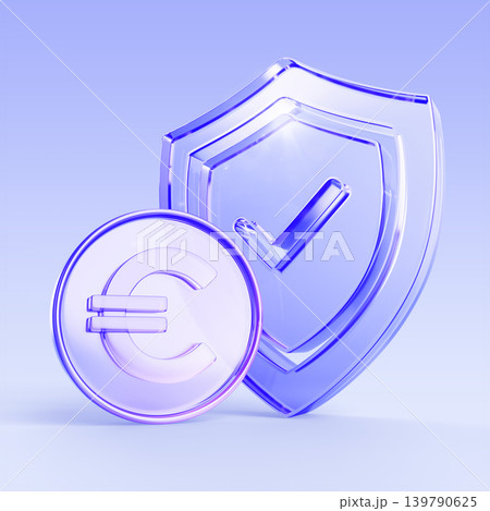 Blue glass 3D shield icon with purple euro coin render. Money safety, capital protection, investment security, safe payment, currency exchange, insurance, business and finance concept. 3D illustration 139790625