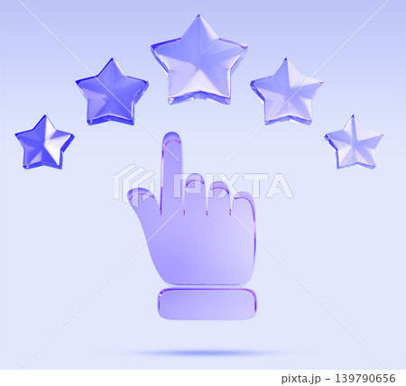 Purple glass hand gives 5 star rating. Customer leaving positive feedback for service or goods. High quality product, client good review on internet. Business icon isolated on blue. 3D illustration 139790656