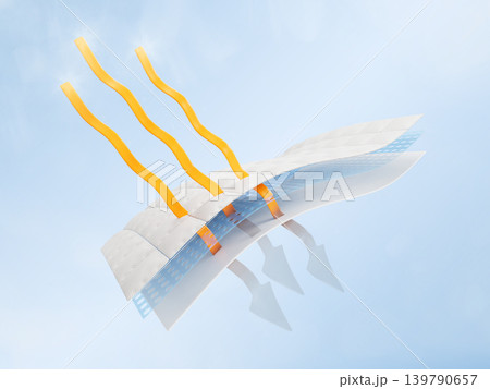 Sun protective fabric structure with yellow gold arrows on blue 3d background. Densely woven cloth absorb UV rays. Sunscreen material layered icon for swimwear or blackout curtains. 3D illustration Sun protective fabric structure with yellow gold arrows on blue 3d background. Densely woven cloth absorb UV rays. Sunscreen material layered icon for swimwear or blackout curtains. 3D illustration 139790657