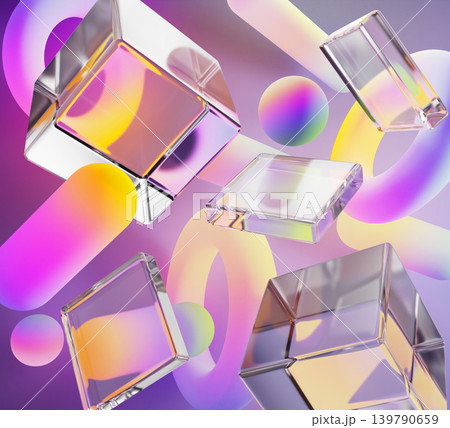 Neon glass geometric 3D shapes wallpaper design. Flying transparent cube box, square block, vibrant gradient sphere, ring and capsule with soft blur effect, abstract render background. 3D illustration 139790659