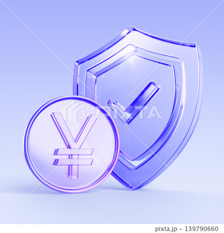 Blue glass 3D shield icon with yuan or yen coin. Asian money safety, capital protection, investment security, safe payment, currency exchange, insurance, business and finance concept. 3D illustration 139790660