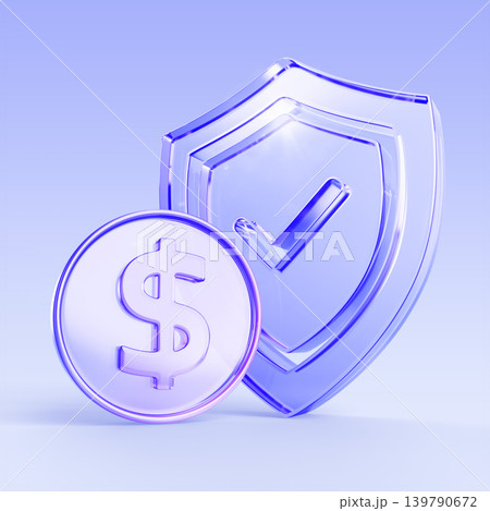 3D blue glass shield with crystal holographic dollar coin icon render. Money safety, capital protection, investment security, safe payment, insurance, business and finance concept. 3D illustration 3D blue glass shield with crystal holographic dollar coin icon render. Money safety, capital protection, investment security, safe payment, insurance, business and finance concept. 3D illustration 139790672