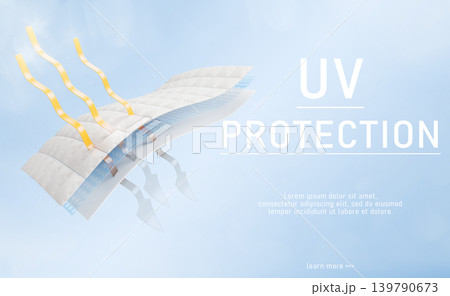 UV protection fabric 3d banner with synthetic fiber structure, yellow gold arrows. Polyester or nylon material for swim. Breathable defense, absorb layered effect, ultraviolet protect. 3D illustration UV protection fabric 3d banner with synthetic fiber structure, yellow gold arrows. Polyester or nylon material for swim. Breathable defense, absorb layered effect, ultraviolet protect. 3D illustration 139790673