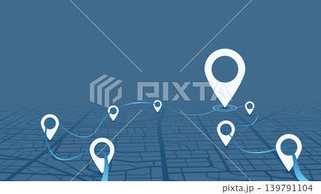 An abstract navigation plan highlights POI including city streets, blocks. City map featuring directional signs, an intended goal point and multiple markers. Editable vector illustration An abstract navigation plan highlights POI including city streets, blocks. City map featuring directional signs, an intended goal point and multiple markers. Editable vector illustration 139791104
