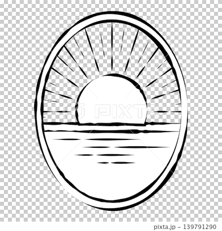 圓形框架海洋和日出線條藝術插圖 圓形框架海洋和日出線條藝術插圖 139791290