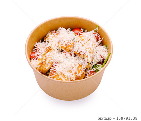 Fresh salad bowl with grilled chicken and cheese on top Fresh salad bowl with grilled chicken and cheese on top 139791339