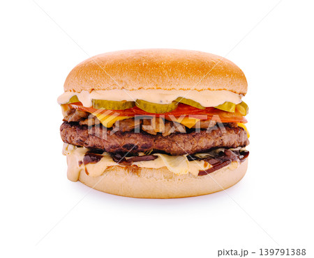 Juicy burger with cheese and toppings on a plain bun Juicy burger with cheese and toppings on a plain bun 139791388