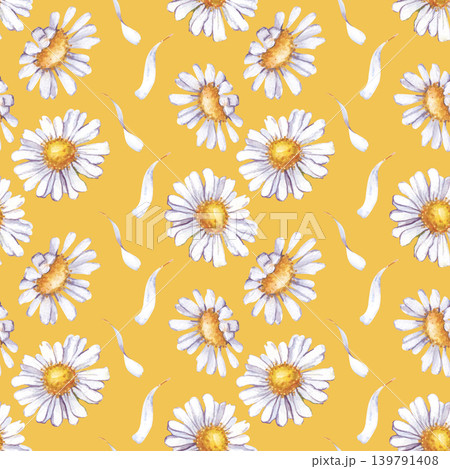 Seamless vertical pattern with hand-painted chamomile flowers and delicate white petals on a yellow background. Watercolor illustration is ideal for textile design, summer clothes, gift wrapping 139791408
