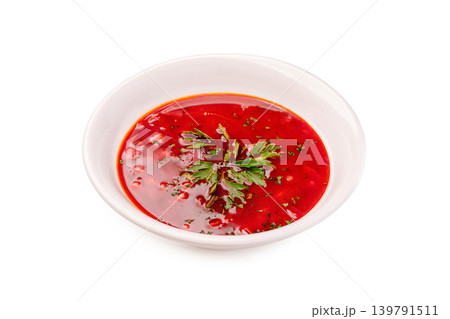 borscht with herbs placed in a bowl for a meal or snack 139791511