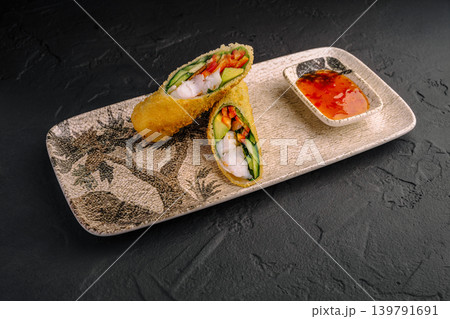 Fresh spring rolls served on a plate with dipping sauce in a restaurant setting Fresh spring rolls served on a plate with dipping sauce in a restaurant setting 139791691