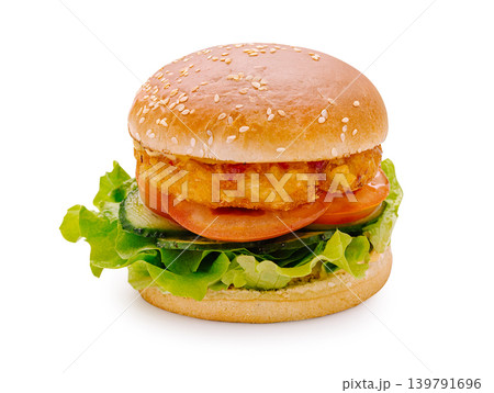 Delicious burger with sesame bun, lettuce, tomato, and cucumber ready to eat 139791696