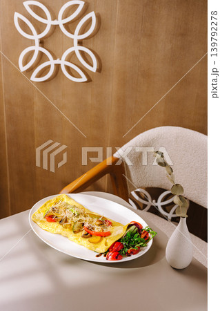 Delicious omelet served on a plate on a table in a cozy dining area 139792278