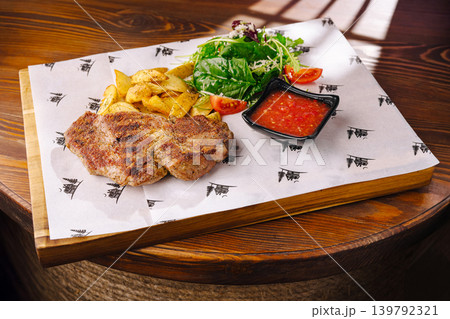 Grilled meat served with salad and fries on a wooden board at a restaurant Grilled meat served with salad and fries on a wooden board at a restaurant 139792321