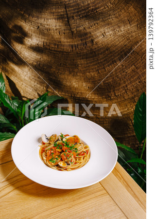 Spaghetti alle vongole with tomato sauce and herbs 139792364