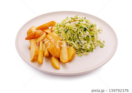 Freshly prepared potato wedges served with chopped cabbage salad 139792376